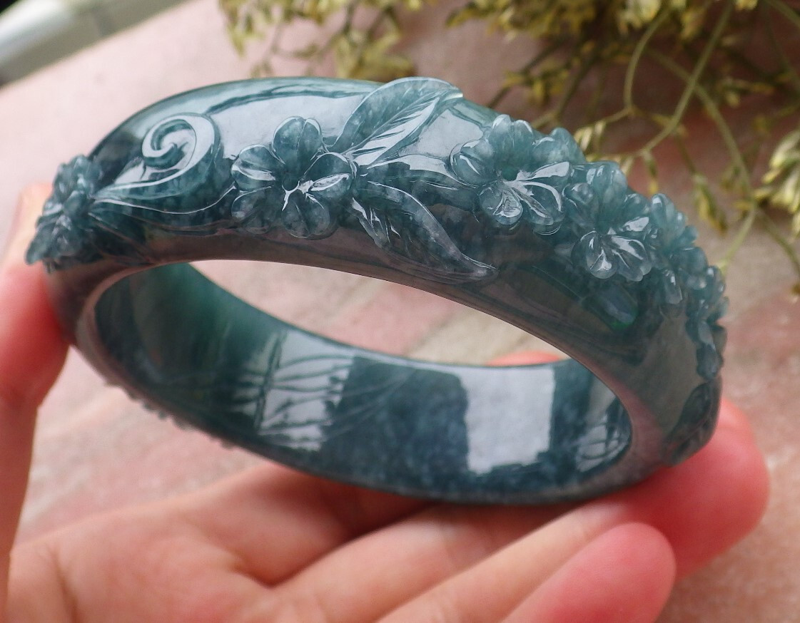 Certified Icy Blue Water A JADE Jadeite Flower Bangle
