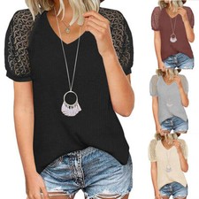 T-shirt Top Short Sleeve V-neck Women's Shirt Lace Stitching Spring and Summer