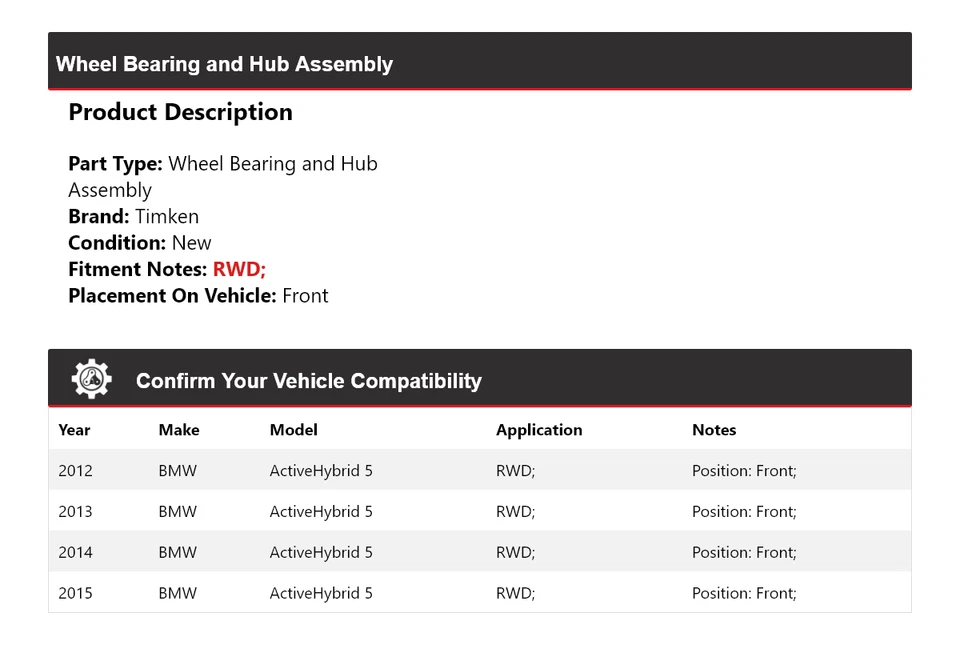 Conjunto de cojinete de rueda y buje delantero Timken para BMW ActiveHybrid 2012-2015 5 tracción trasera Foto 2 de 4