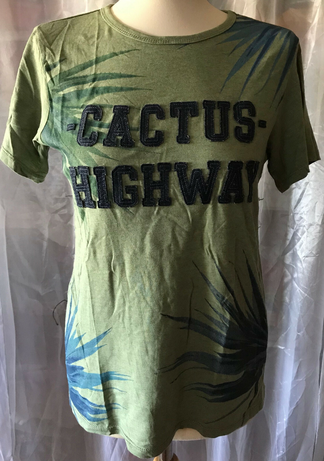 Con Estilo Mujer Camiseta Talla M Caqui Verde Parches Cactus Highway Estampado
