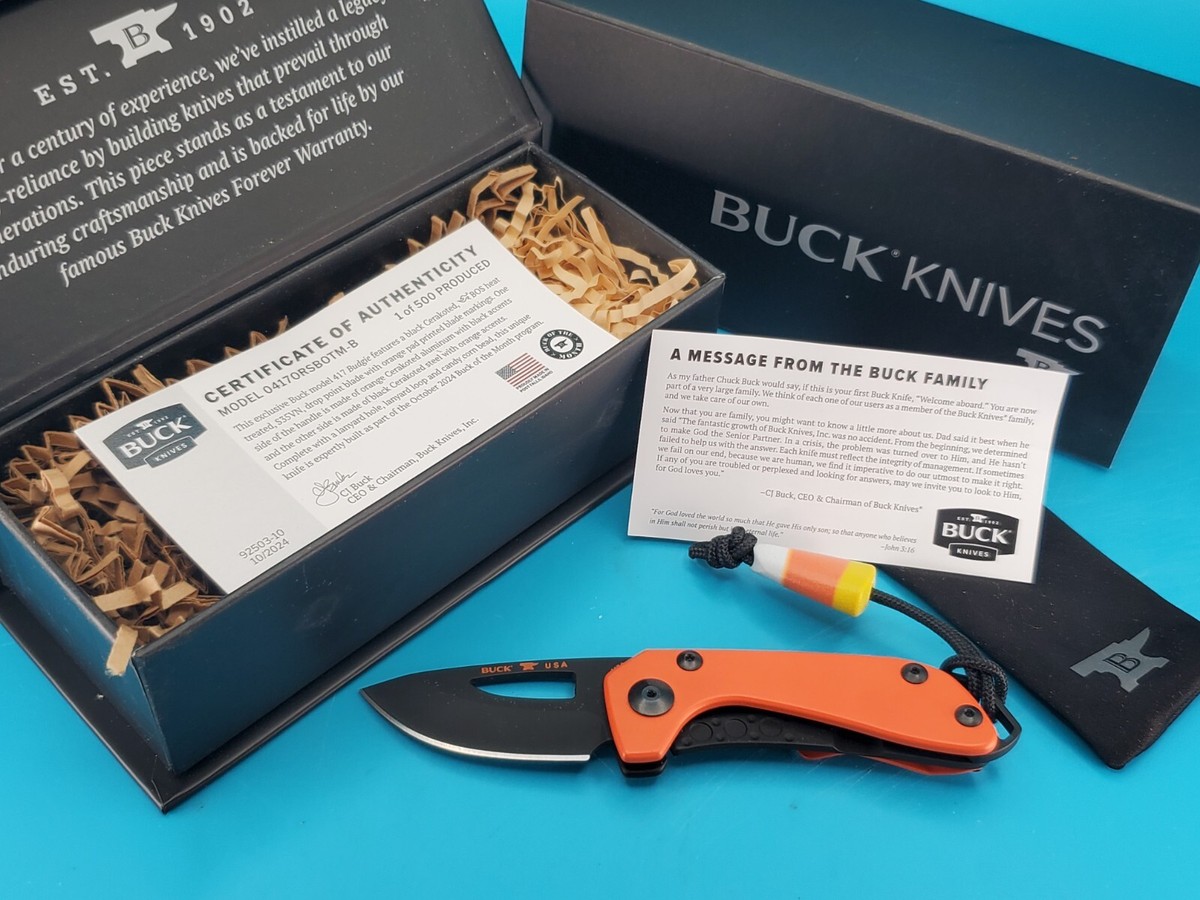 Buck October 2024 BOTM 417 Budgie! Cerakote Orange & Black