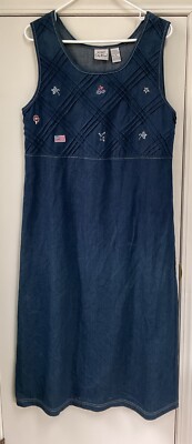 Koret City Blues Denim Jumper Size M Petite Flags Star Patriotic USA Maxi Dress