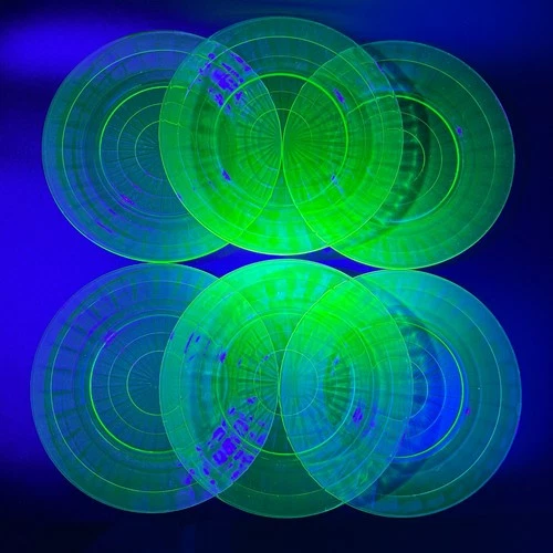 Set of 6 Anchor Hocking Green Uranium Glass Block Optic 9" Dinner Plates