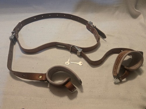 Vintage Humane Restraint Leather Adjustable Wrist to Waist Belt w Locking Cuffs