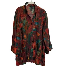 Ali Miles Womens Tunic Top 1X Multicolor Abstract Print Crinkle Button Front NEW