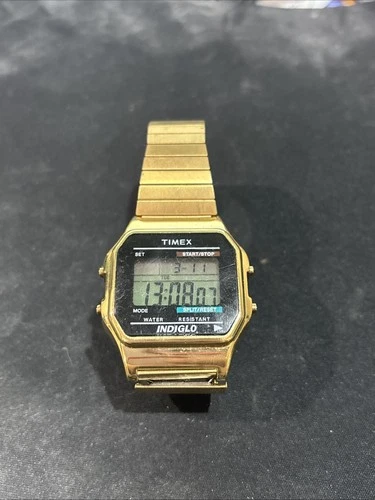 Vintage Timex Gold Tone Digital Indiglo Stretch Band Watch Start/Stop Works
