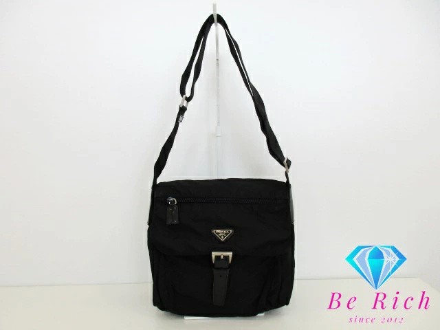 PRADA Shoulder Bag BT8994 Black Nylon Leather Triangle Plate Logo Pocono Crossbo