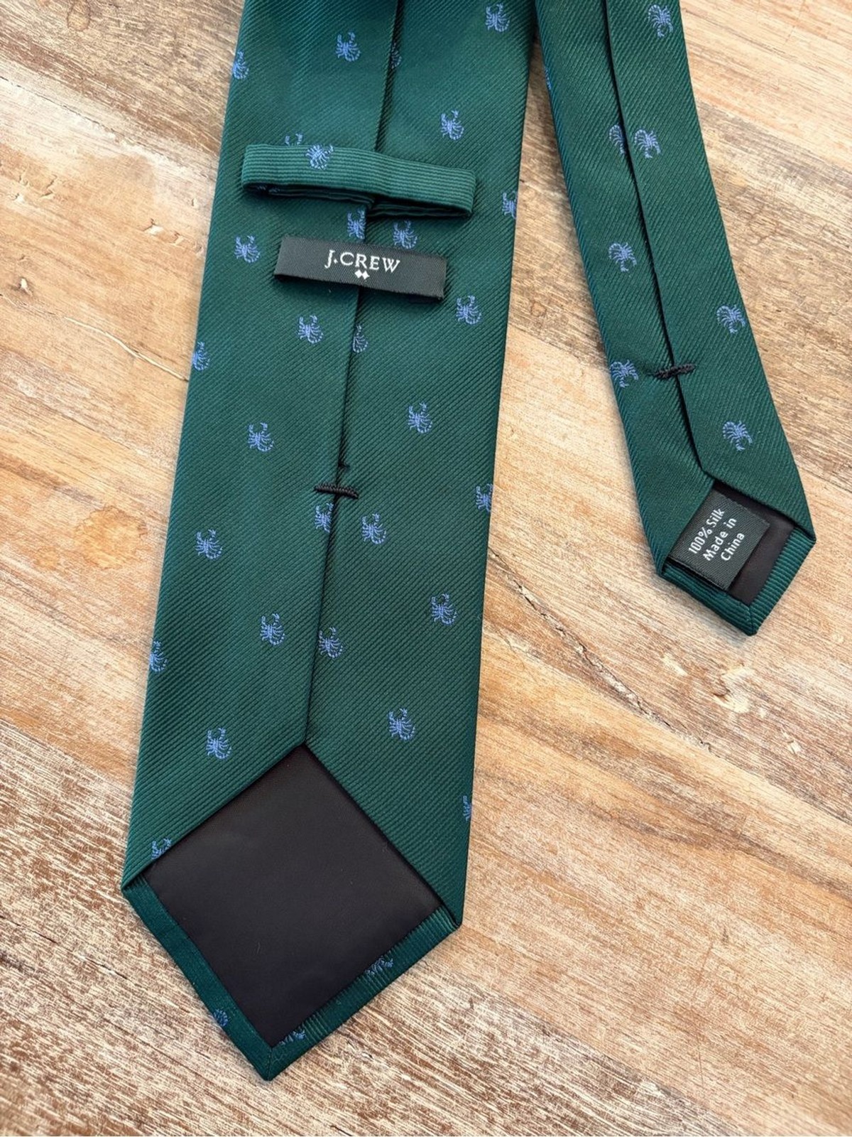 J. Crew Green Silk Tie with Blue Scorpion All Over Print Novelty Fun Necktie