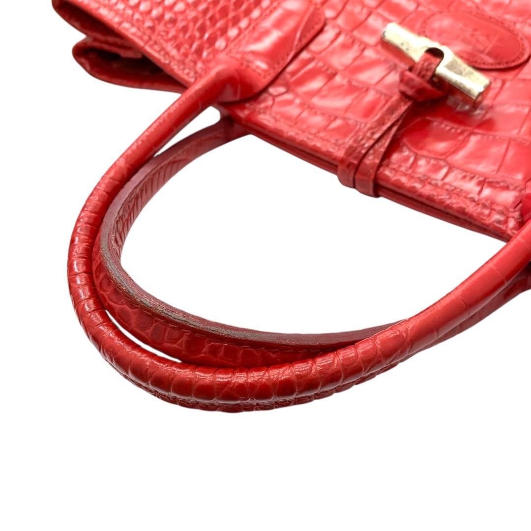 Longchamp Rozo Tote Handbag Red Croc Embossed Leather 2000s Authentic image 9