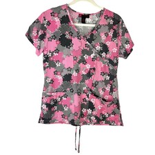 Actual Bohemian Floral Gray Pink  White Scrub Top Size XS