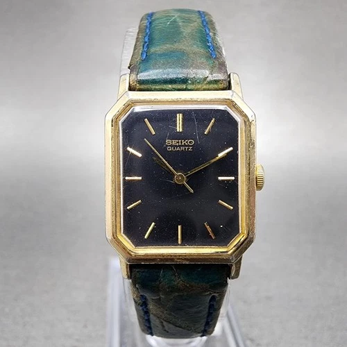 Seiko Watch Women 18mm Blue Dial Gold Tone Octagon 2C21-5090 New Battery VTG