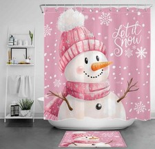 Winter White Cute Snowman Pink Christmas Shower Curtain Bathroom Accessories Set