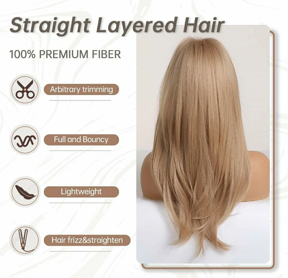 Long Strawberry Blonde Auburn Red Full Wig Human Hair blend layers bangs - Image 2 of 4