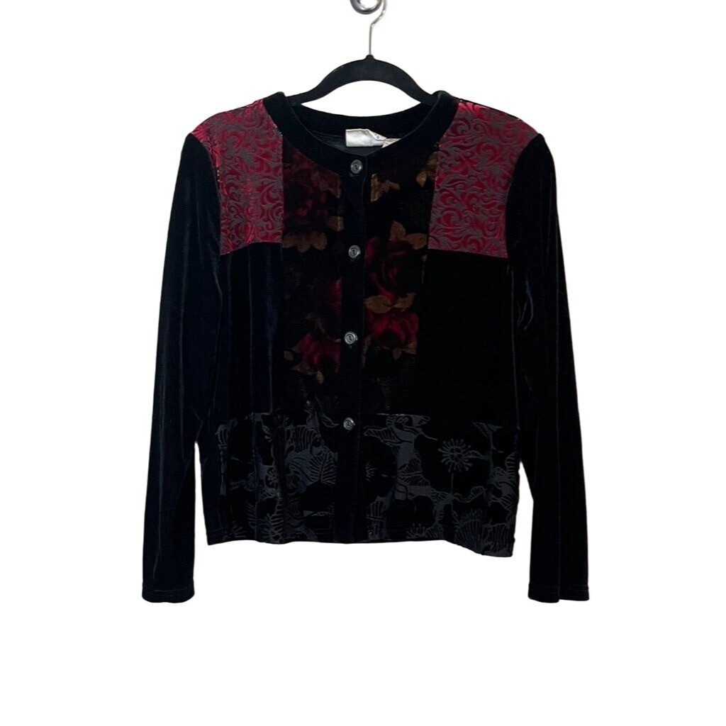 Kathie Lee Collection Jacket Women L Black Round Neck Red Patchwork Burnout