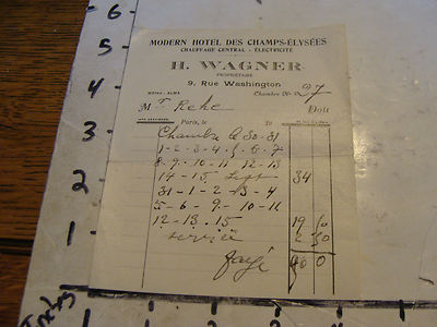 vintage travel paper: H. WAGNER Champs-Elysees 1920's receipt MODERN HOTEL