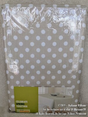 NEW SUMMER TABLECLOTH 60'' X 84'' OBLONG NEUTRAL BROWN W WHITE POLKA DOT PATTERN