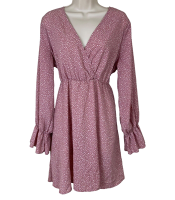 Shein L Womens Empire Waist Dress Ruffle Cuff Pink White Dots V-Neck | eBay