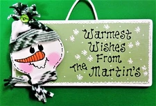 Personalize SNOWMAN Warmest Wishes SIGN Winter Plaque Wall Art Door Wood Hanging
