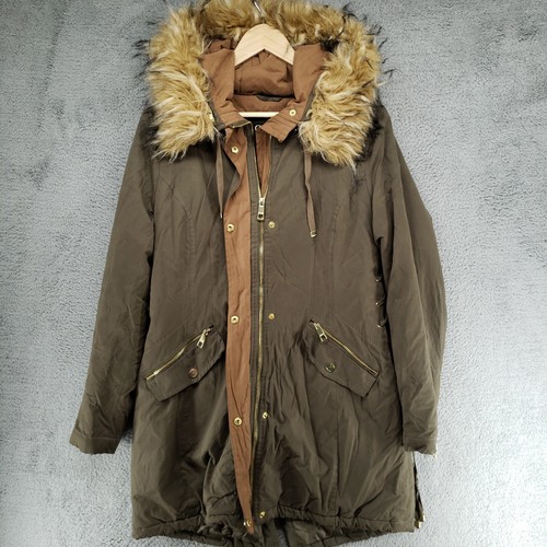 Guess Utility Coat Parka Womens L Jacket Olive Green Faux Fur Hood Full Zip Snap - Picture 15 of 24