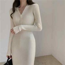 Woman's Knitted Autumn Winter Clothes V-neck Women Sweater Dress New Dress