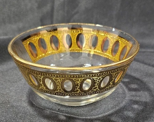 Vintage Culver ANTIGUA Crackled Gold Glass  Bowl 22K Gold Overlay MCM Hollywood