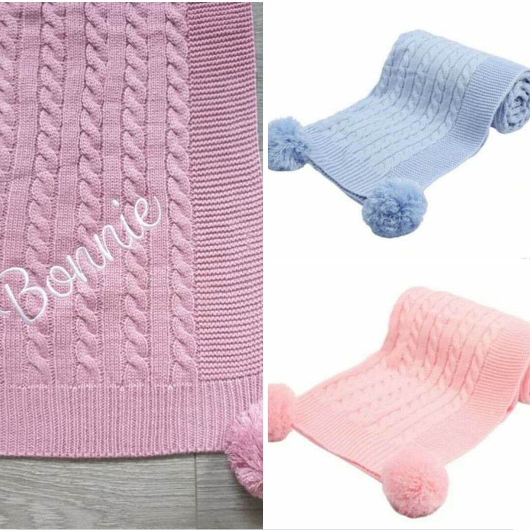PERSONALISED CABLE KNIT POM POM BABY GIRL BOY BLANKET NEWBORN