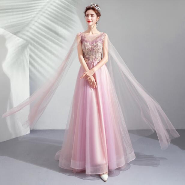 light pink fairy dress Light Pink Tassel Long Prom Dress A Line Formal Dress Evening Dress 124