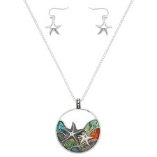 Sea Life Necklace Earrings SET Multi Enamel Wave STARFISH Charm Ocean SILVER