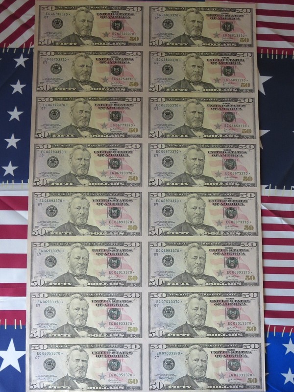 2004 $50 federal reserve note -uncut sheet of 16 STAR bills