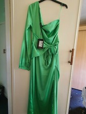 BNWT Pretty Little Thing PLT Green Satin One shoulder Midaxi Dress with split 16