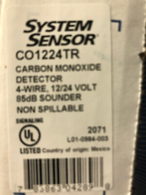 System Sensor CO1224TR 4 Wire CO Detector. Ademco panels and Honeywell