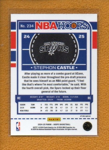 Stephon Castle 2024-25 Panini NBA Hoops Rookie Premium Silver Prizm RC #234 - Foto 2 di 4
