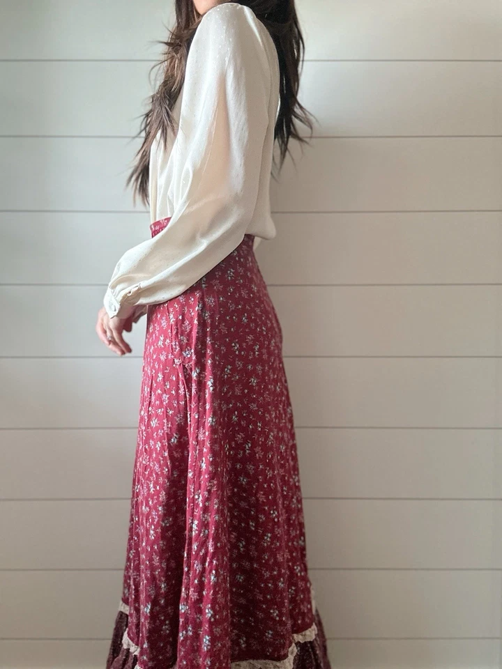 Falda Calicó Vintage Años 70 Pradera Renacimiento Victoriano Maxi Patchwork  Foto 4 de 4