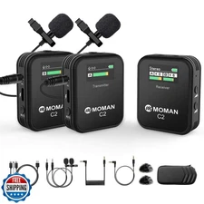 Moman Wireless Lavalier Microphone C2X, 2.4G Dual Transmitter Lapel Mic 656FT