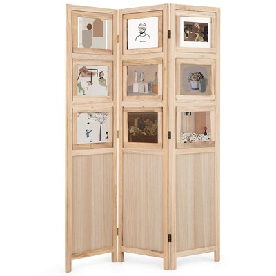 67  3 Panel Room Divider w/Paulownia Wood Photo Frames Metal Hinges for Home
