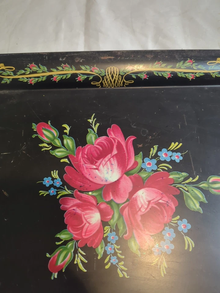 Bandeja de regazo para cama de TV de colección MCM Tole pintada negra rosa floral años 60 17,5x12,75" Foto 4 de 4
