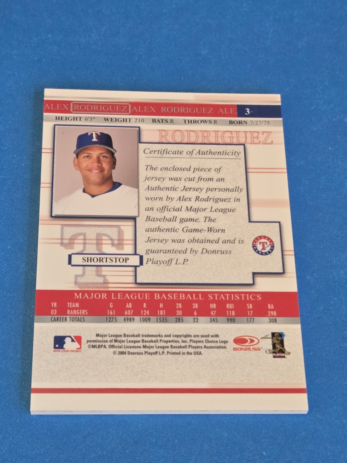 ALEX RODRIGUEZ - 2004 DONRUSS TIMELINES GAME-USED JERSEY CARD #3 view 2