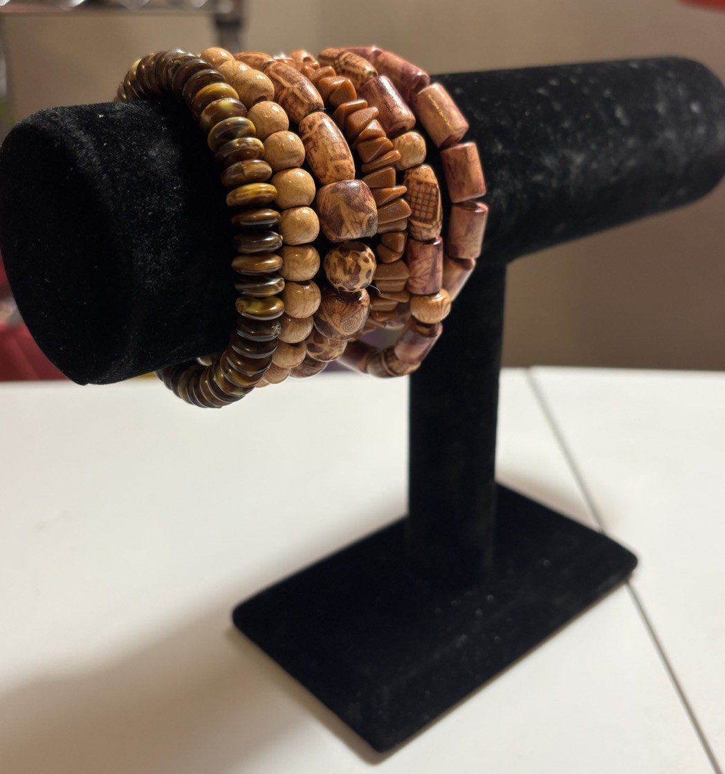 Six Handcrafted Stackable Beaded Wooden Bracelets - image 3