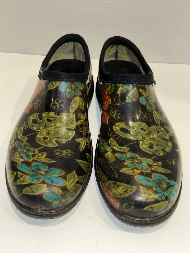 SLOGGERS Rain & Garden Spring Shoes Womens Size 10 Black Floral Clogs USA Made - Image 2 of 4