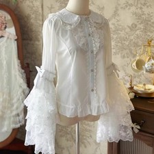 Ruffles Girl Lolita Blouse Tops Shirts Lace Tiered Flared Sleeve Fairy White