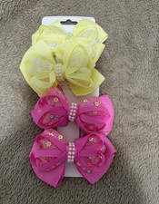 Girls Yellow Pink Ribbon Hair Bow Set Pearls Sequins Glitter Floral Party