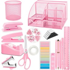 Pink Office Supplies, 17Pcs Desk Accessories Set with Organizer, Pink-1 