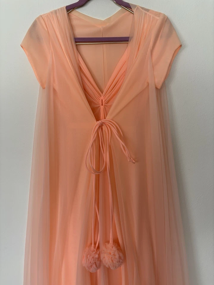 Claire Sandra lucie Ann Peignoir Robe Set 1960’s Full Sweep Nylon Pom Pom Tie S - Image 2 of 4