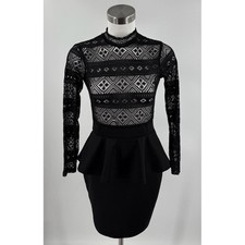Windsor Black Long Sleeve Lace Peplum Waist Keyhole Back Style Dress Small