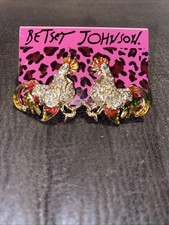 Betsey Johnson Earrings Rooster Gold Tone Rhi...