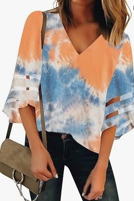 Lookbook Store Women's Blue & Orange V Neck Mesh Panel Blouse 3/4 Bell Sleeve(L)
