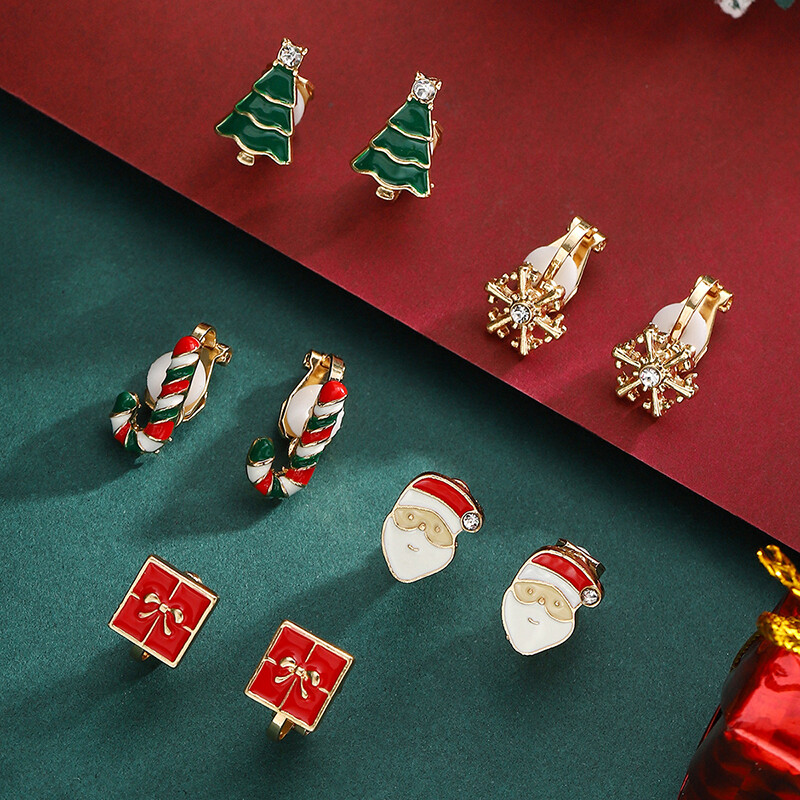 5 Pairs Cartoon Christmas Clip Earrings - Xmas Tree Santa Holiday Cute Ear Clips