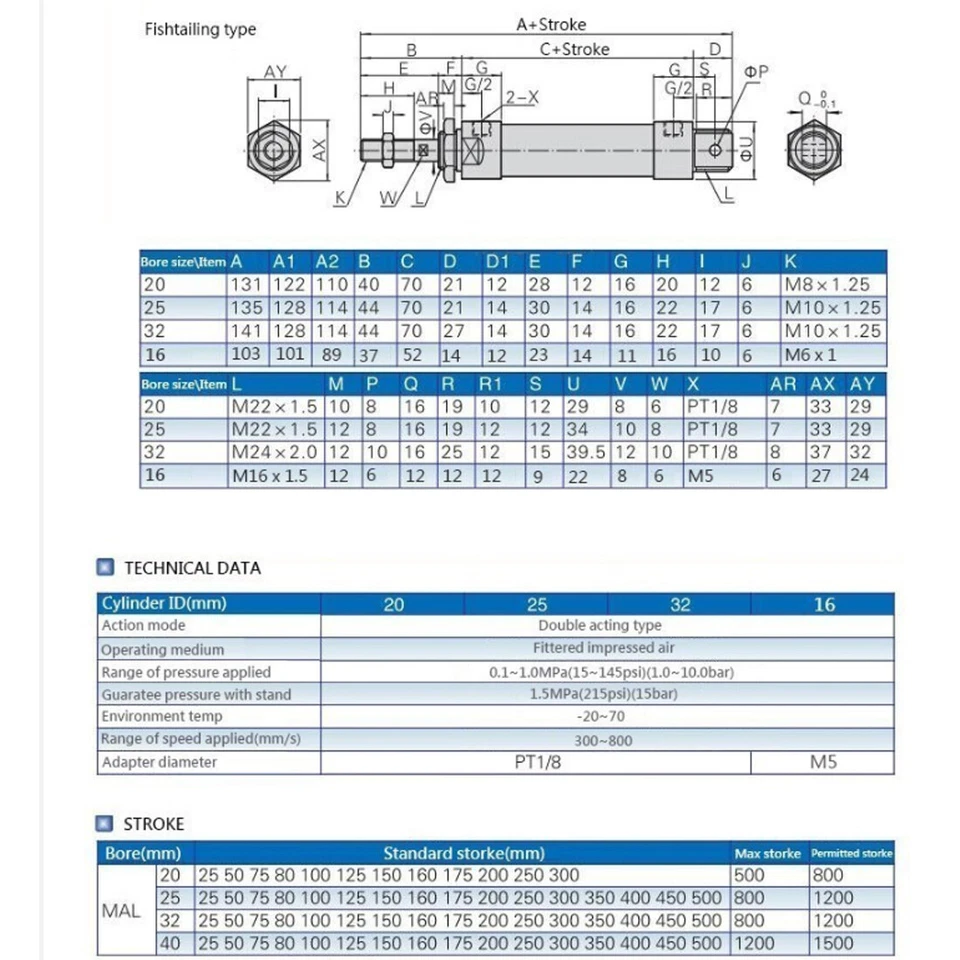 MAL Mini 16/20/25/32/40 Bore Pneumatic Air Cylinder Single Rod Double Acting Lot - image 4 of 4