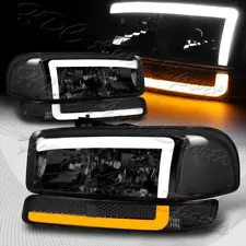 For 1999-2007 GMC Sierra Yukon DRL LED Smoke Lens Headlights+Bumper Lamps 4PCS