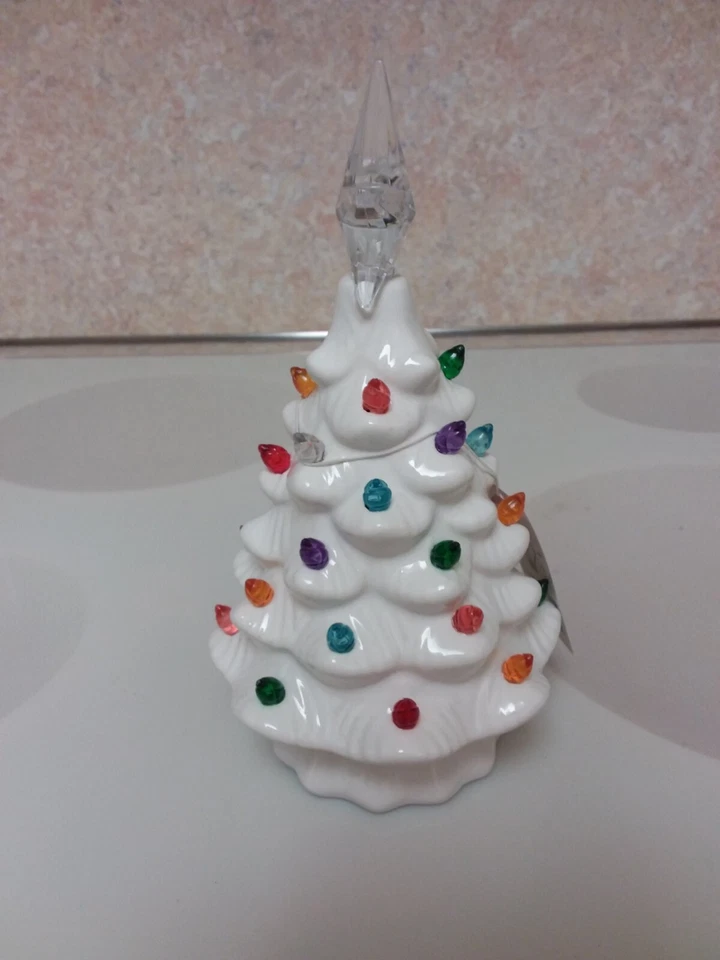 White Ceramic Multi-colored Light Up Christmas Tree with Star Topper 8" tall - Image 2 of 4